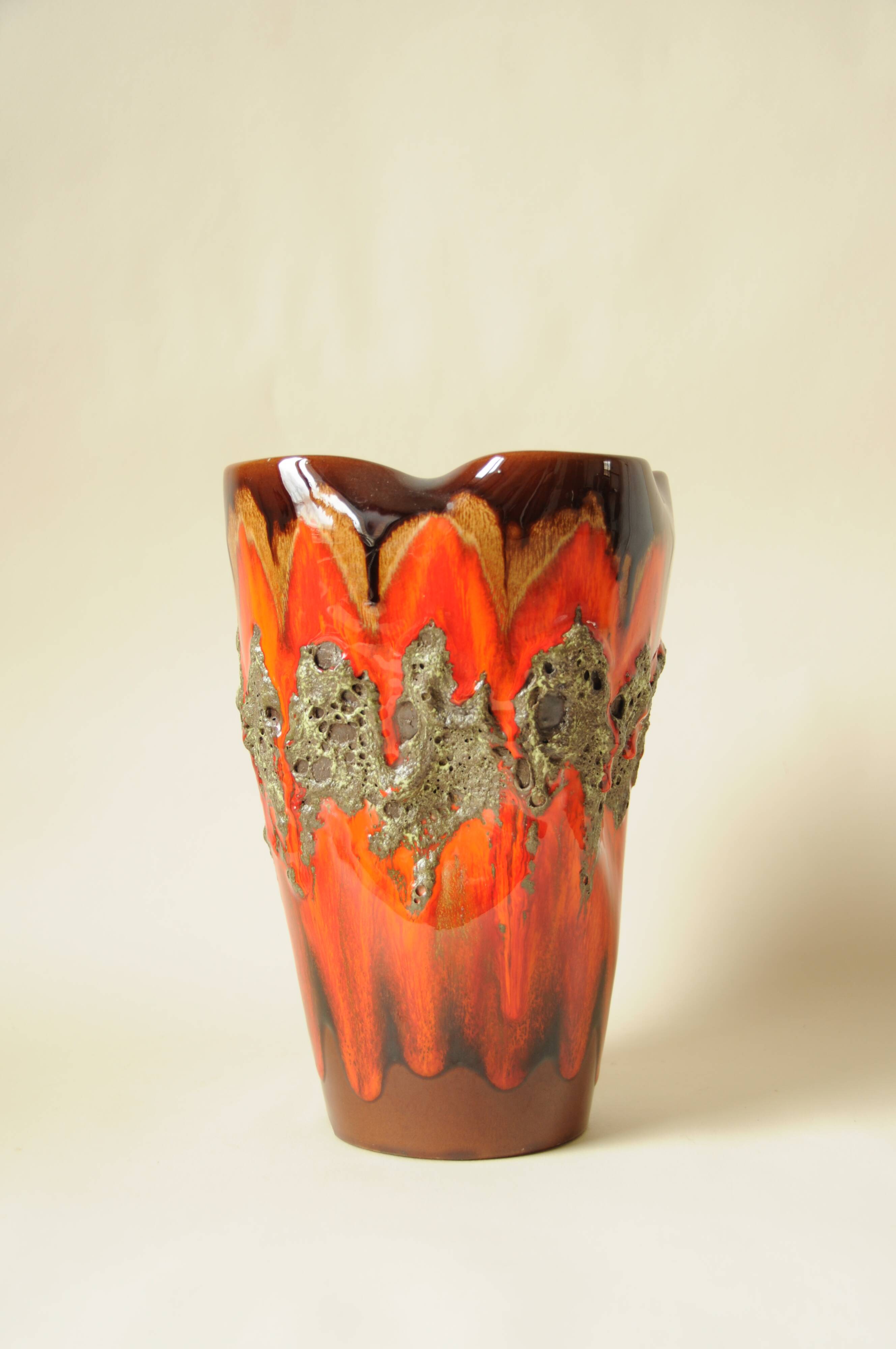 Glazed Ceramic Vase Lava Effect - Brown Orange - Abstract Shape