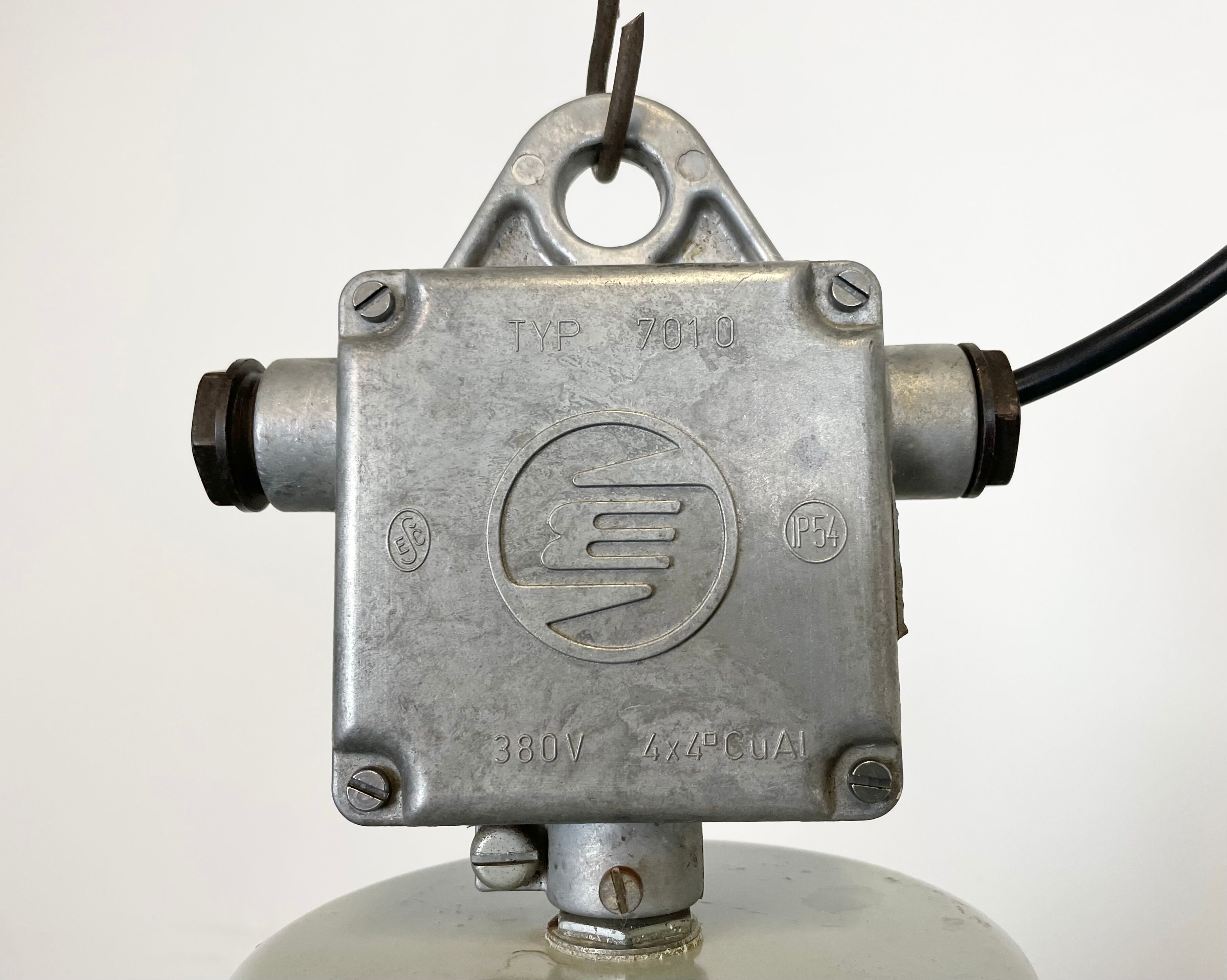 Industrial black enamel factory lamp with glass cover, 1960s