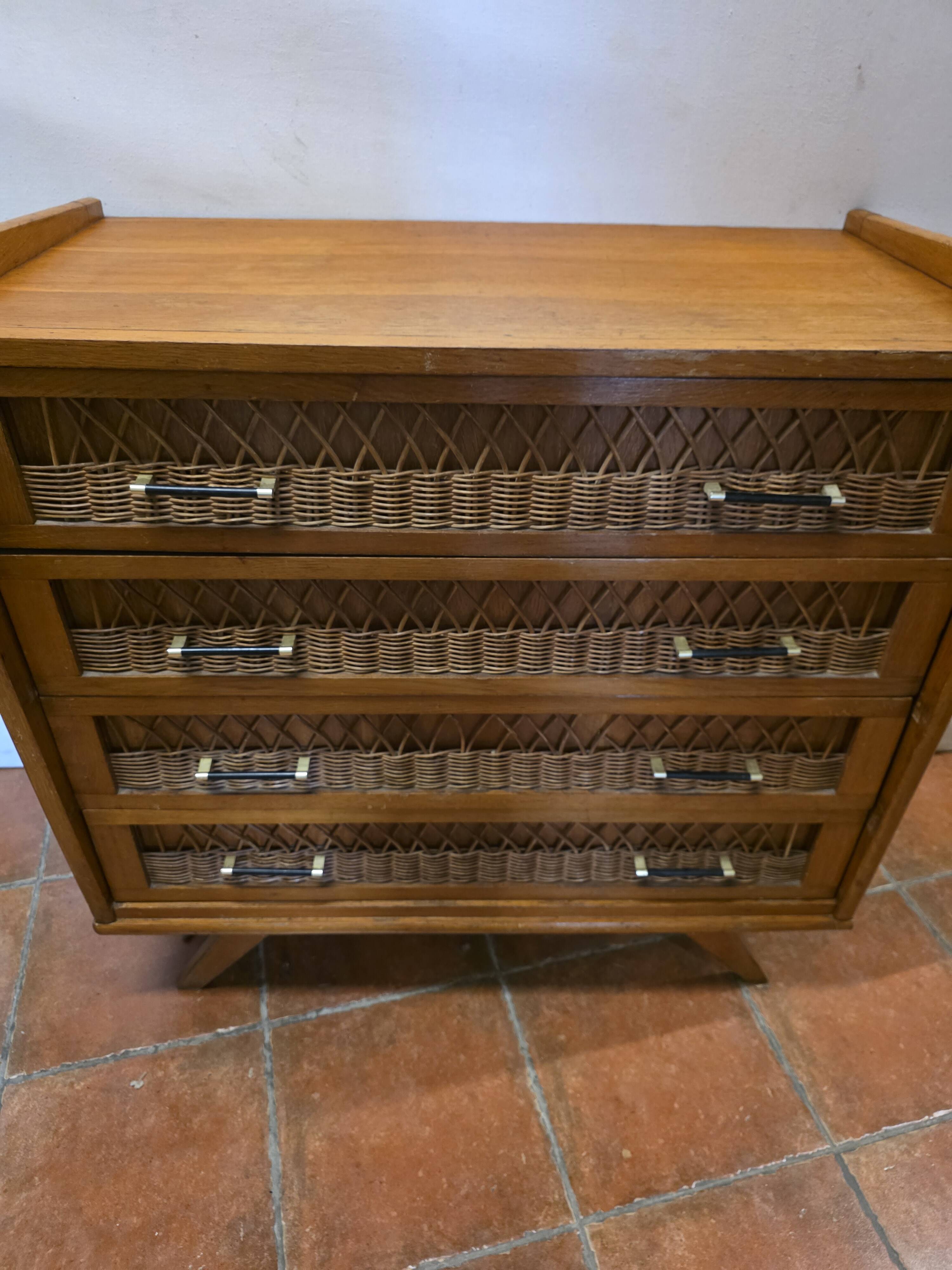 Commode vintage rotin et chêne des années 60