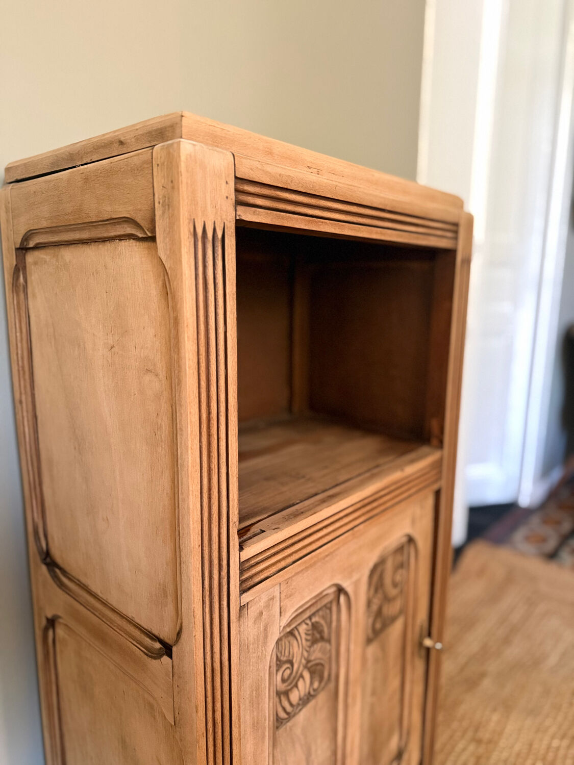Small Art Deco jam cabinet in carved blonde oak