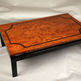 Vintage black lacquered coffee table with elm burl wood top and marquetry