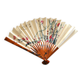 Éventail vintage en bambou décor fleuri Chine