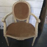 Louis XVI style bergère armchair in patinated wood