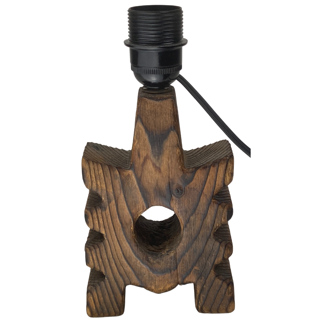 Brutalist wooden table lamp with teddy boucle shade. Dutch, 1970s