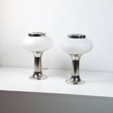 Pair of vintage futuristic style table lamps in chrome and opal glass.