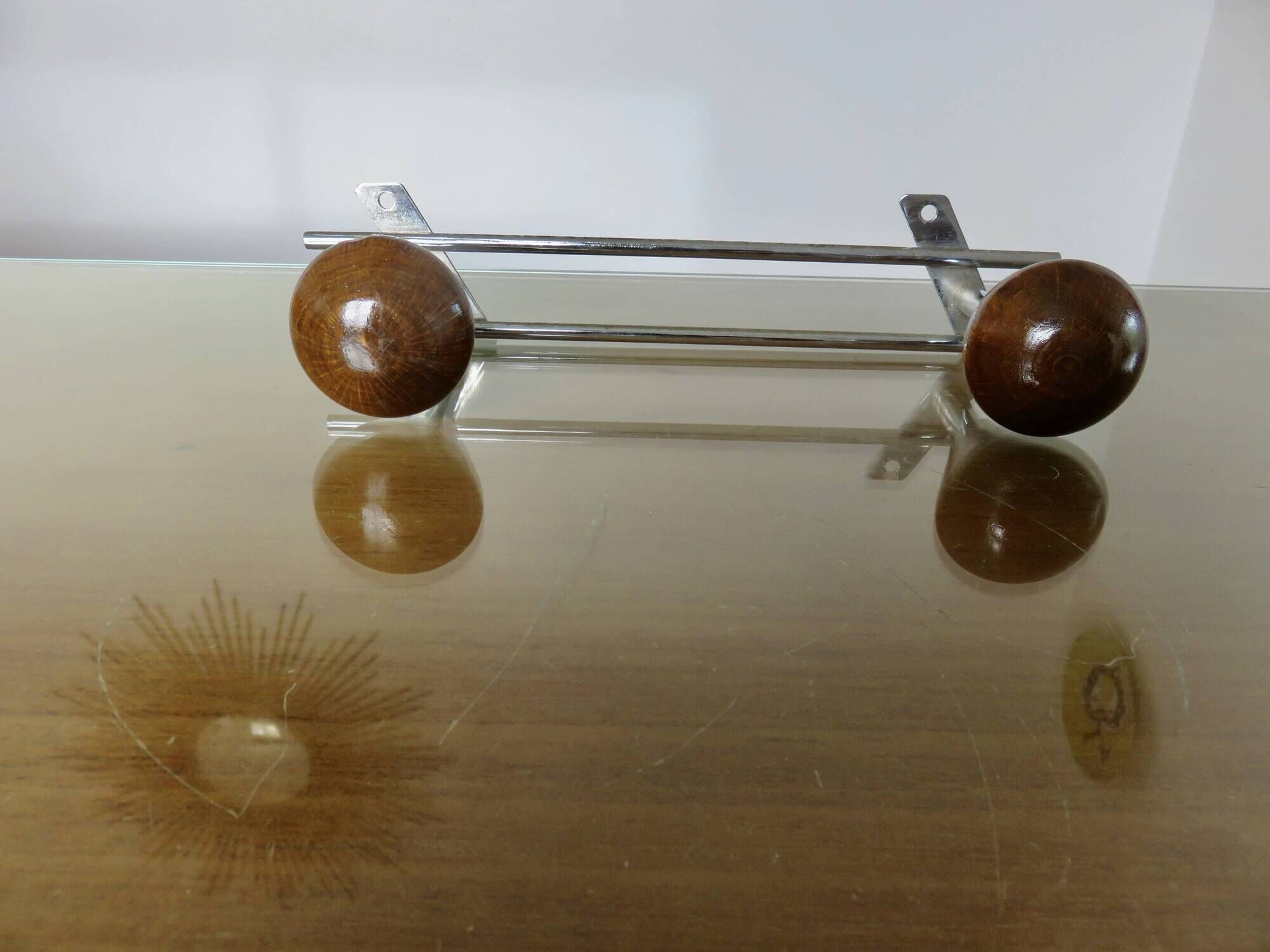 Scandinavian wall-mounted coat rack, wood and chrome-plated metal, 1960s-70s
