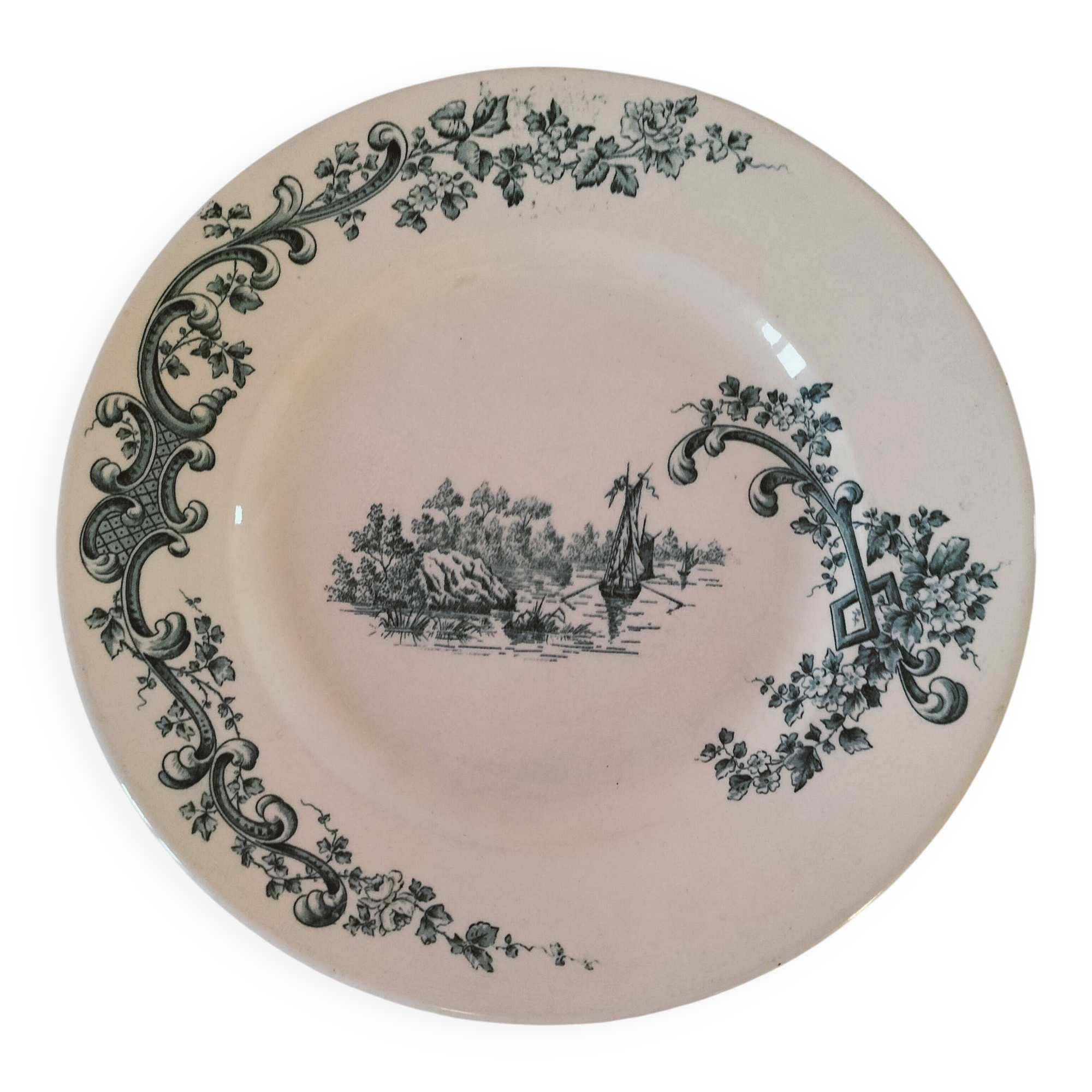 Large Longwy “Pompadour” blue-green plate – circa 1900