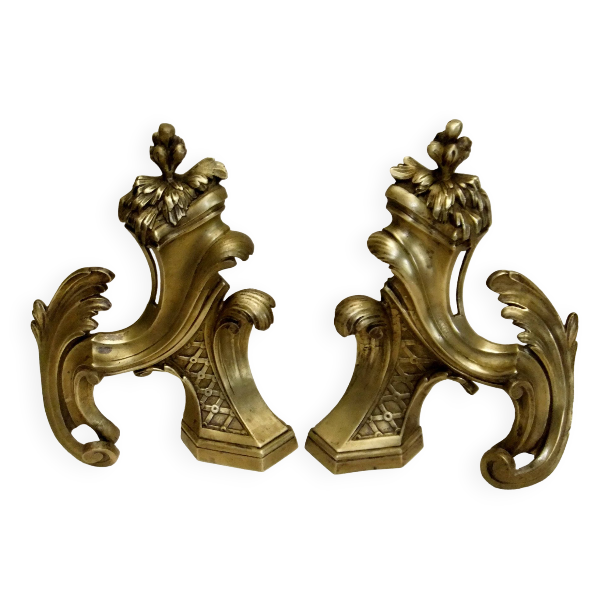 Old bronze andiron pair XVIII decor leaf accessory fireplace trim