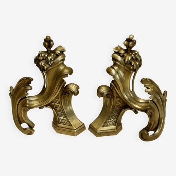 Old bronze andiron pair XVIII decor leaf accessory fireplace trim