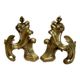 Chenet bronze ancien paire XVIII décor feuille accessoire cheminée garniture