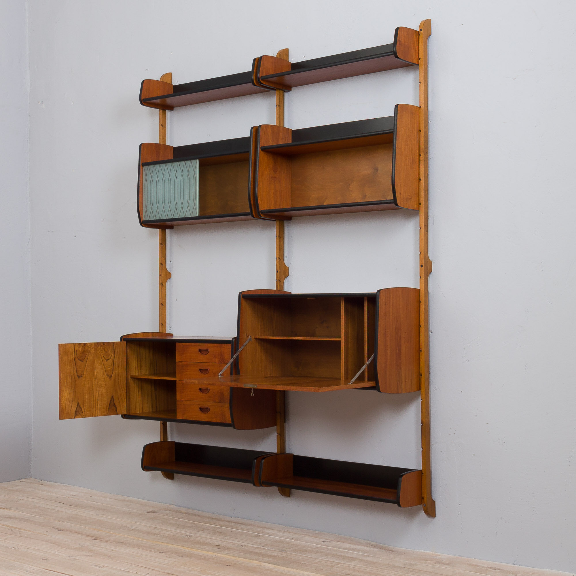 Two bay Teak Ergo Modular Wall Unit with 4 Shelves & 4 Cabinets by John Texmon for Blindheim Møbelfa