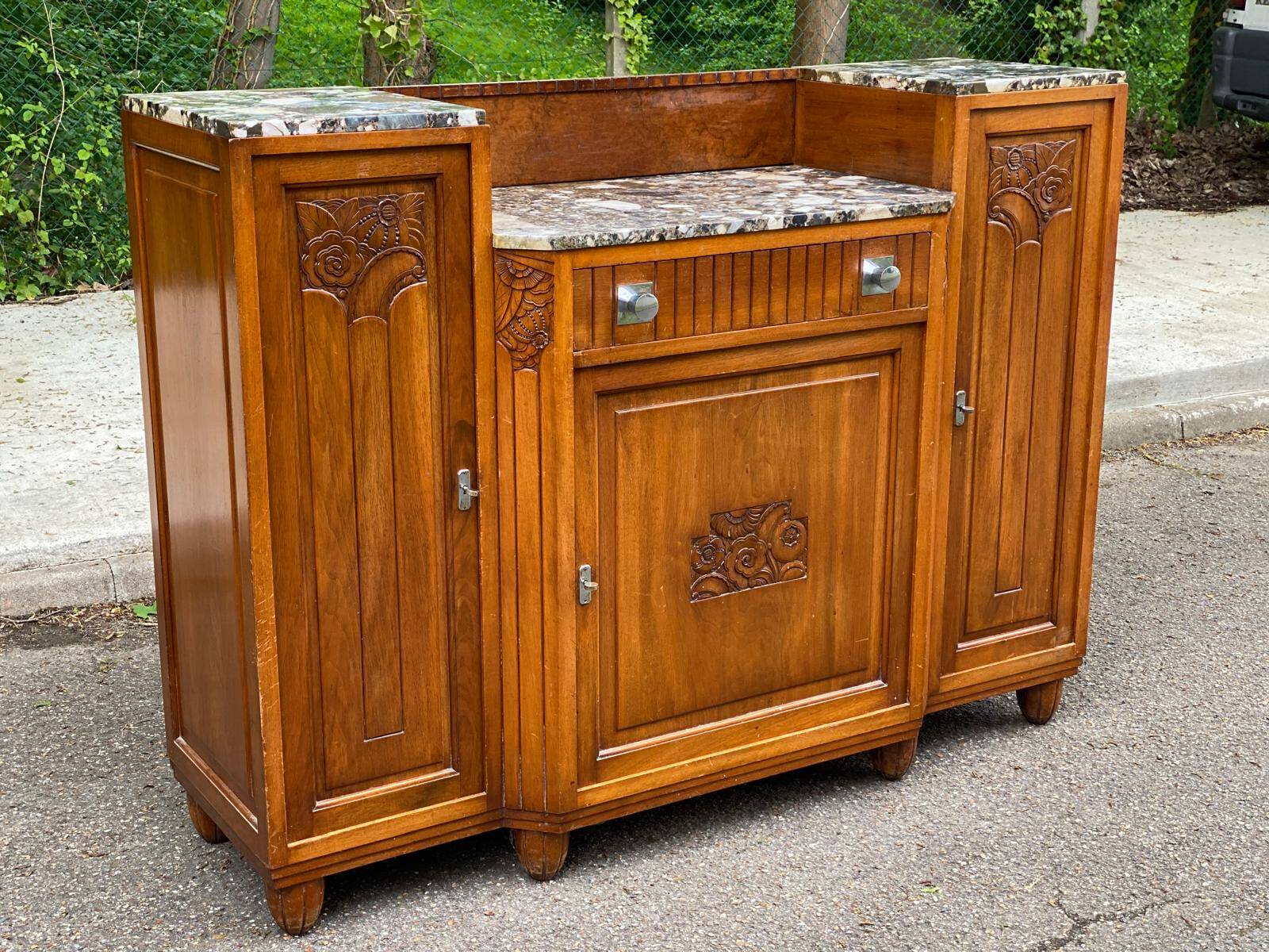 Art Deco 1930s marble and solid oak wood mirror sideboard