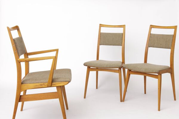 Ensemble de 3 chaises vintage en hêtre, 2 chaises de côté et 1 fauteuil, années 1970, Allemagne