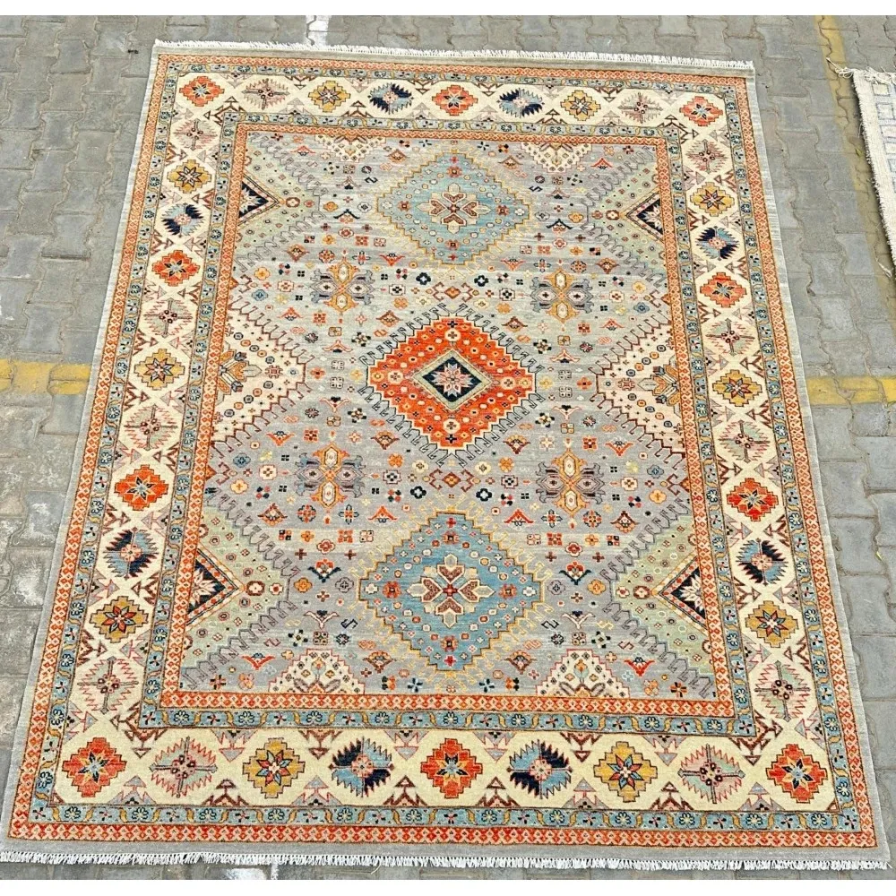 Modern Hand-Knotted Wool Area Rug for Living Room, Blue Geometric Medallion Design Carpet