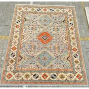 Modern Hand-Knotted Wool Area Rug for Living Room, Blue Geometric Medallion Design Carpet