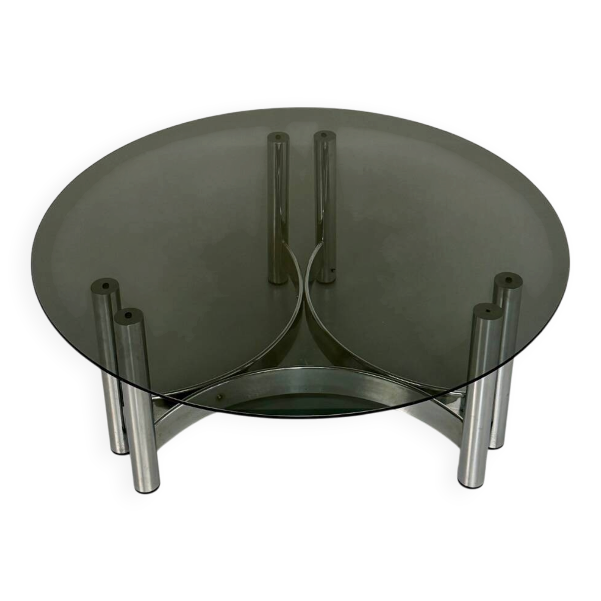Round coffee table in smoked glass and chrome steel, 1970s design.