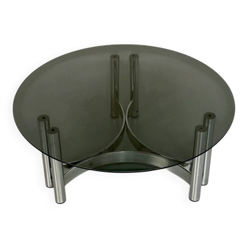 Round coffee table in smoked glass and chrome steel, 1970s design.