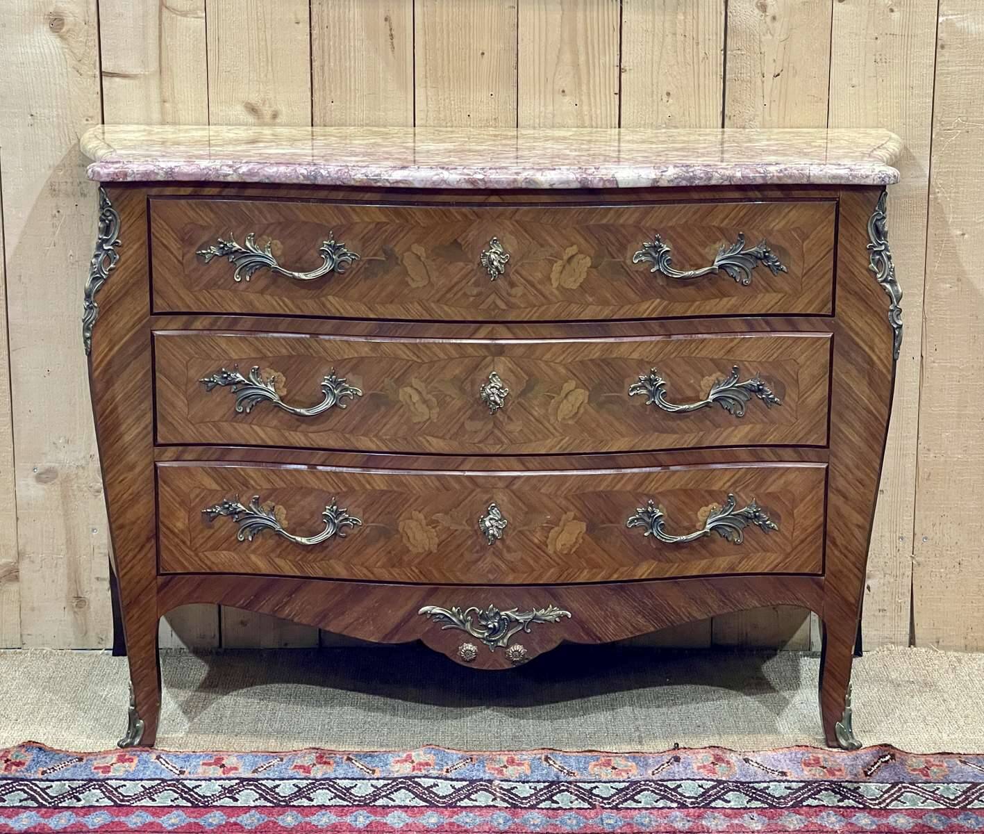 Louis XV style chest of drawers in rosewood, oak and marble top, made in the 70s