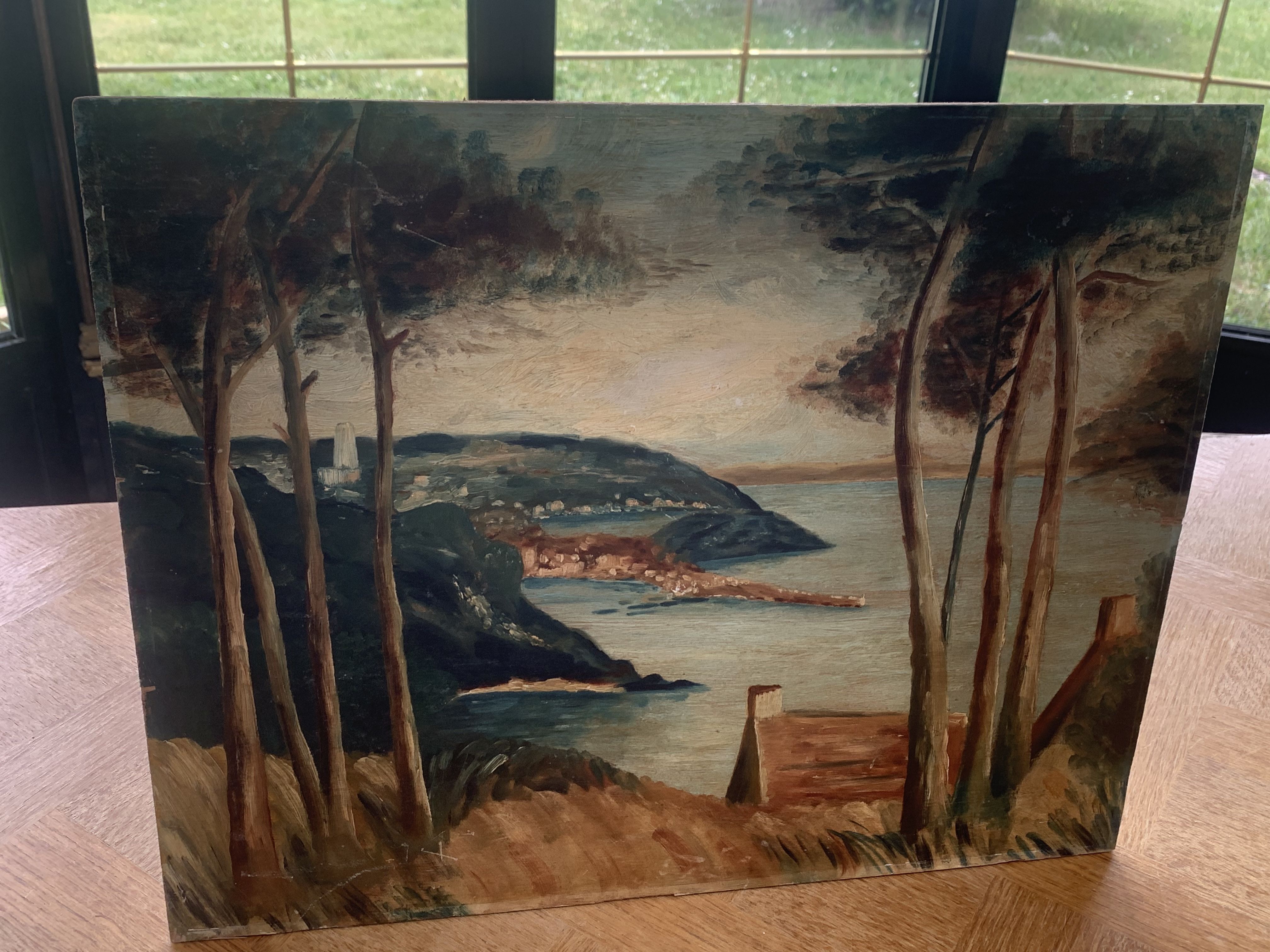 Painting on wood landscape by the water