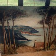 Painting on wood landscape by the water