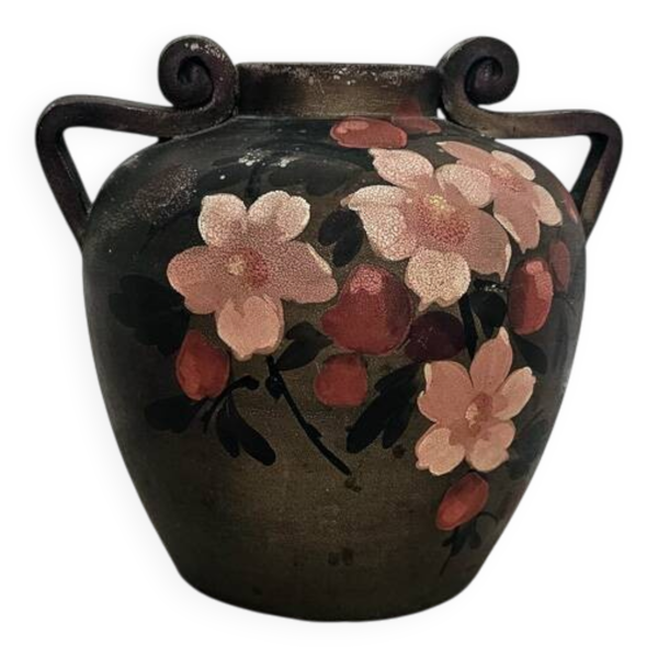 Vase signé Louis Giraud, Vallauris, décor floral peint à la main