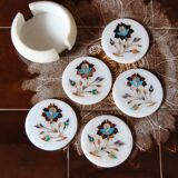 Set of 5 marble and inlaid stone coasters - Artisanal