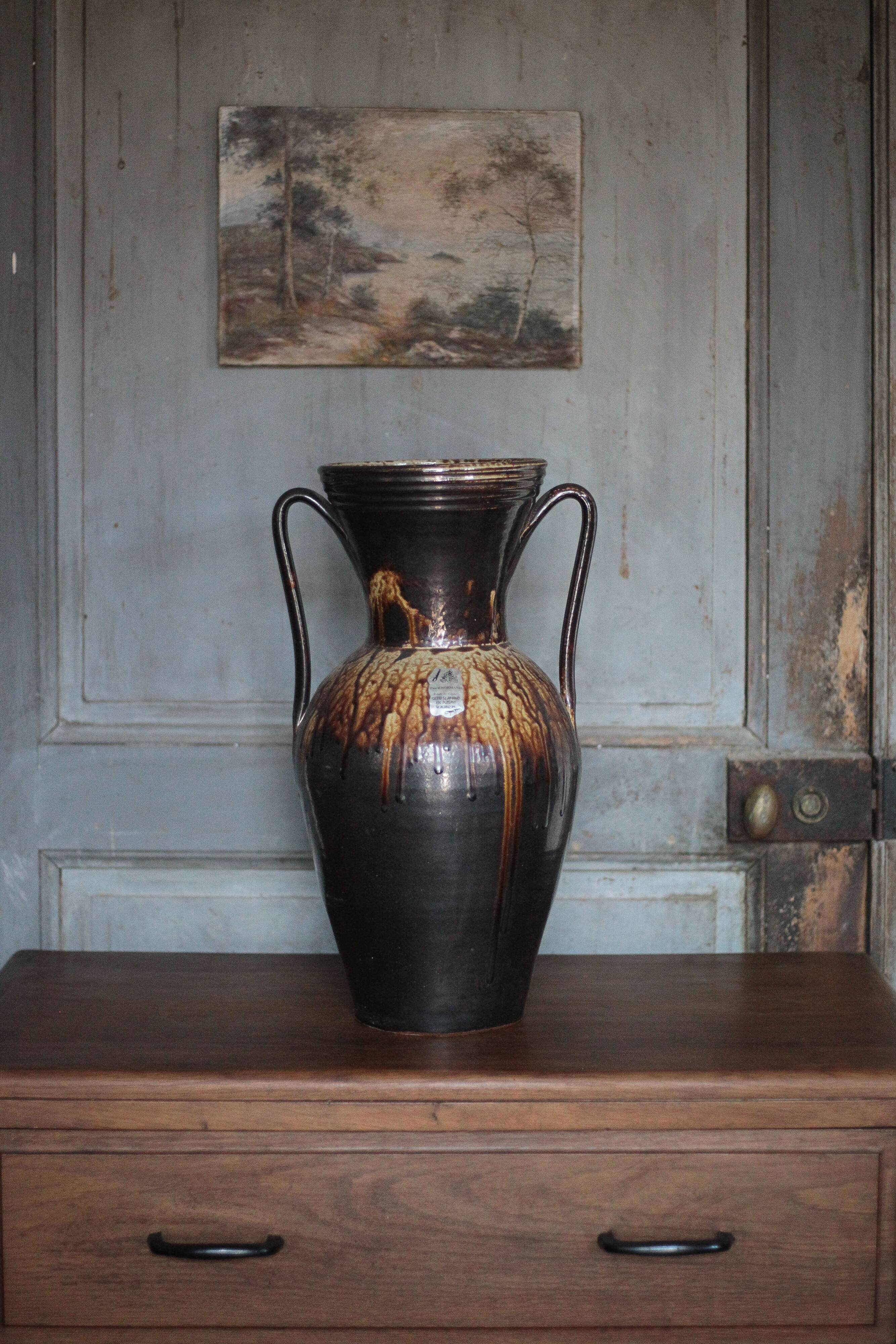 Large stoneware vase from Puisaye, vintage vase, vase with handles, interior decoration