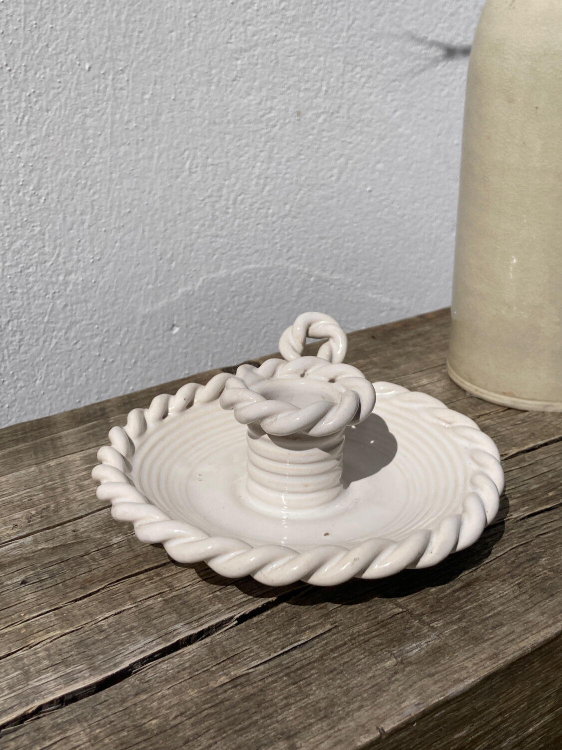 White ceramic candle holder twisted antique rope