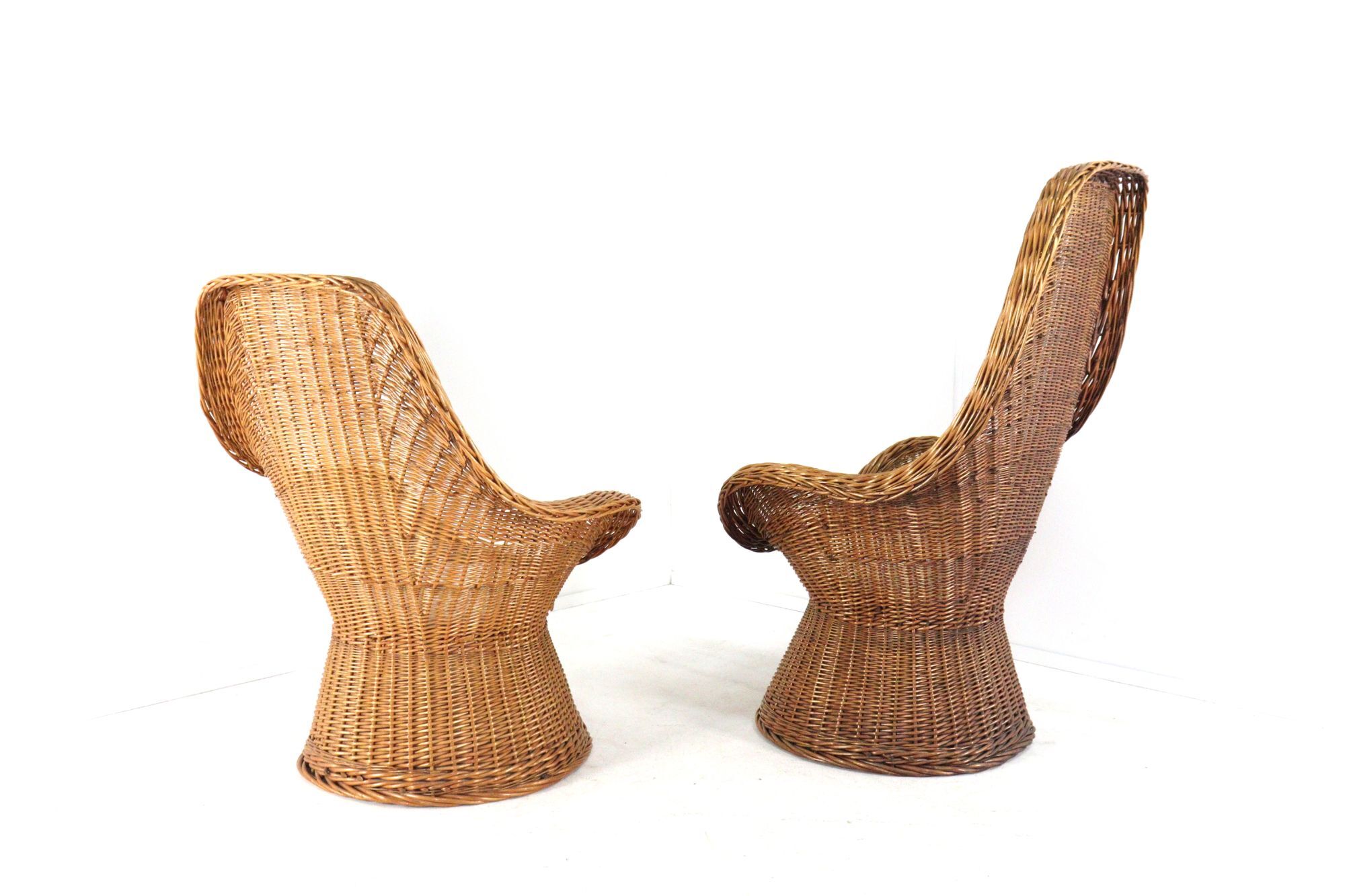 Set of 2 vintage rattan wicker armchairs with white teddy fabric