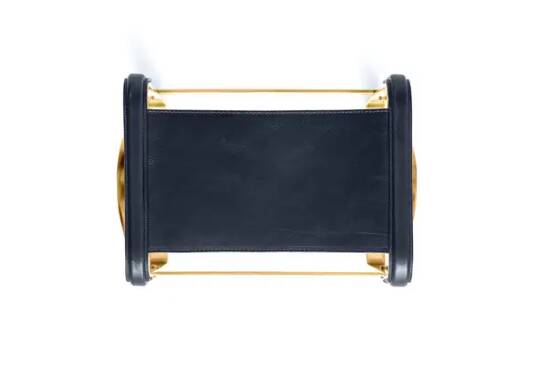 Pair of blue metal and brass stools without a backrest.