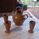 Iridescent carafe and 3 stoneware mazagrans from Digouin. Handmade work.