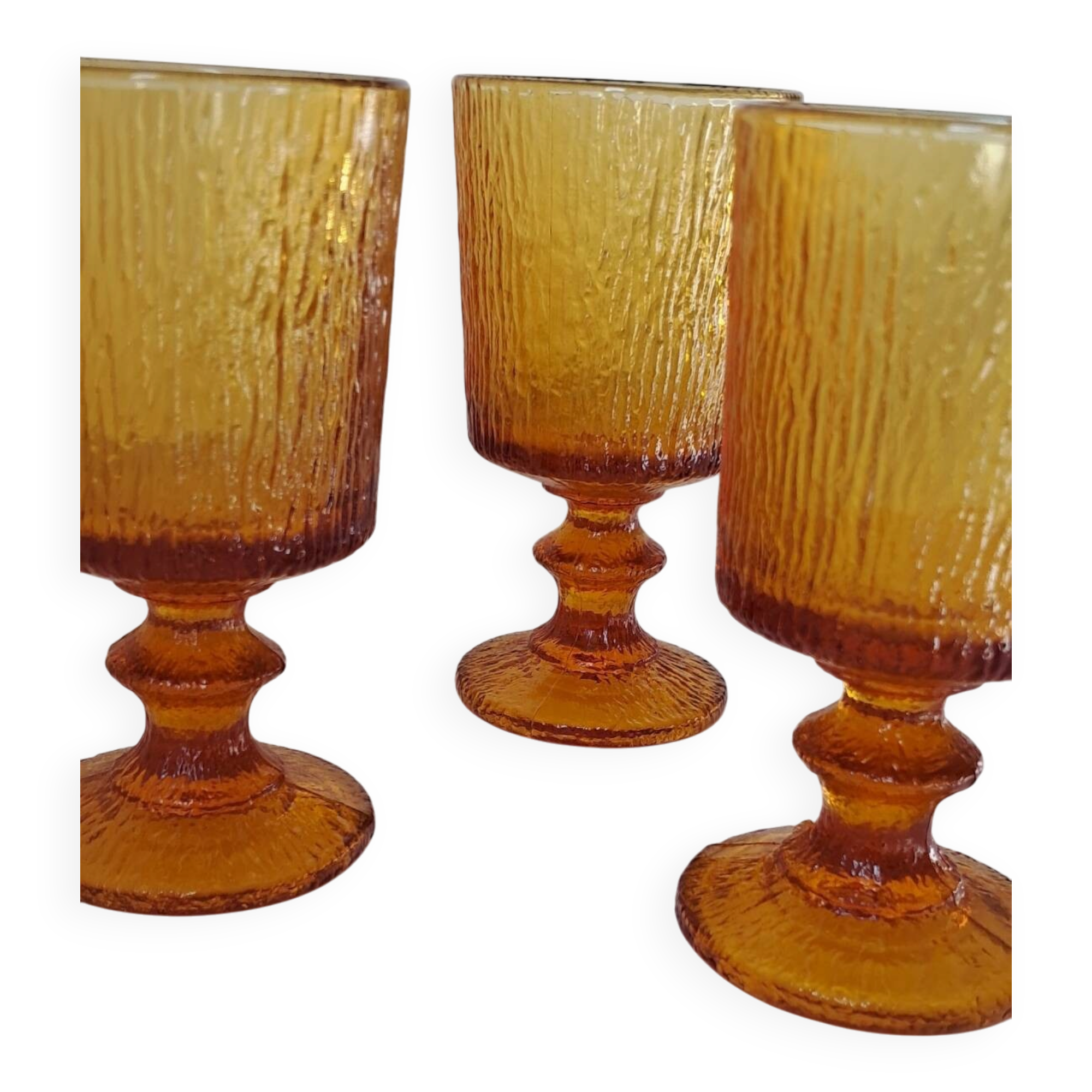 3 textured amber stemmed glasses. Vintage.