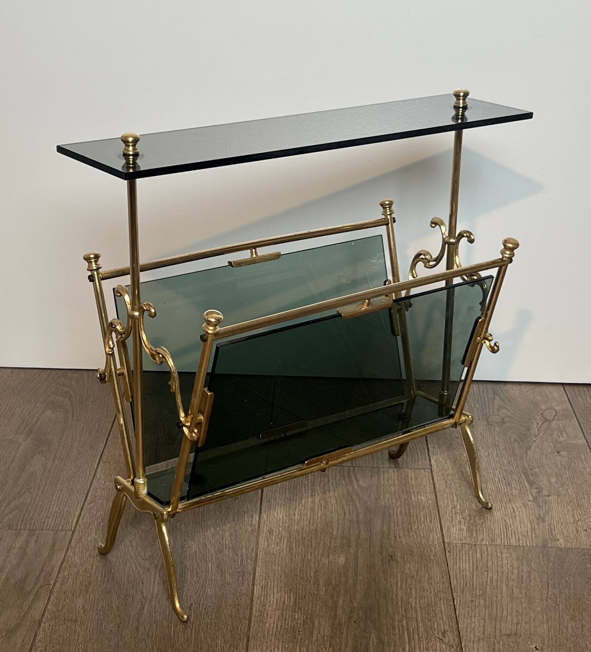 Brass magazine rack and blue-tinted glasses