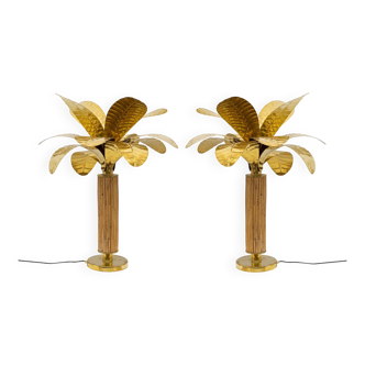 Pair of Mid-century Modern Italian Brass and Rattan Palm Tree Lamps, 1970s