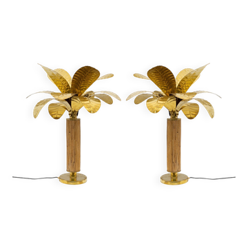 Paire de lampes en forme de palmier en laiton et rotin, Italie, années 1970