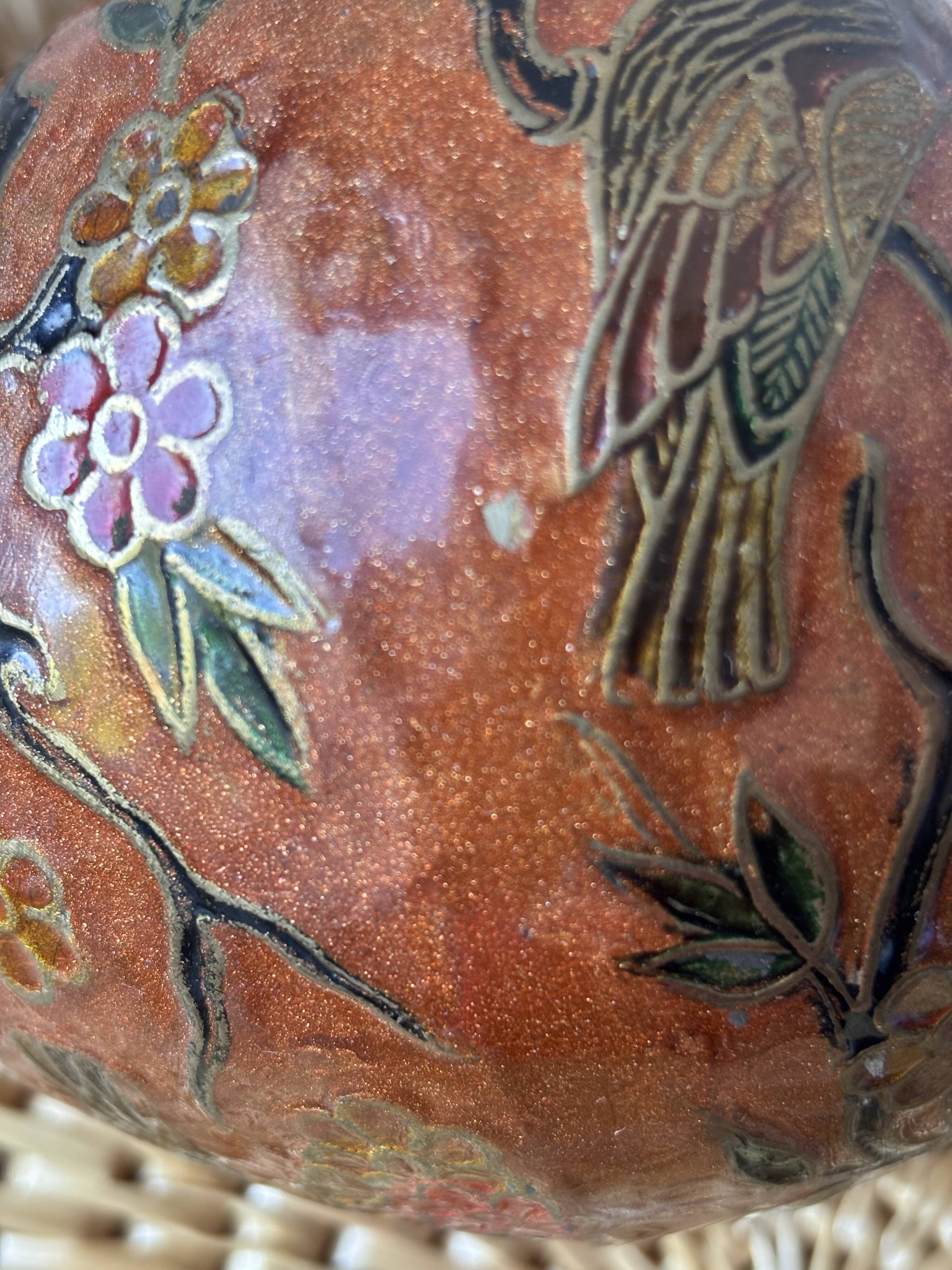 Boîte à couvercle en laiton émaillé cloisonné -oiseaux et fleurs, Mad