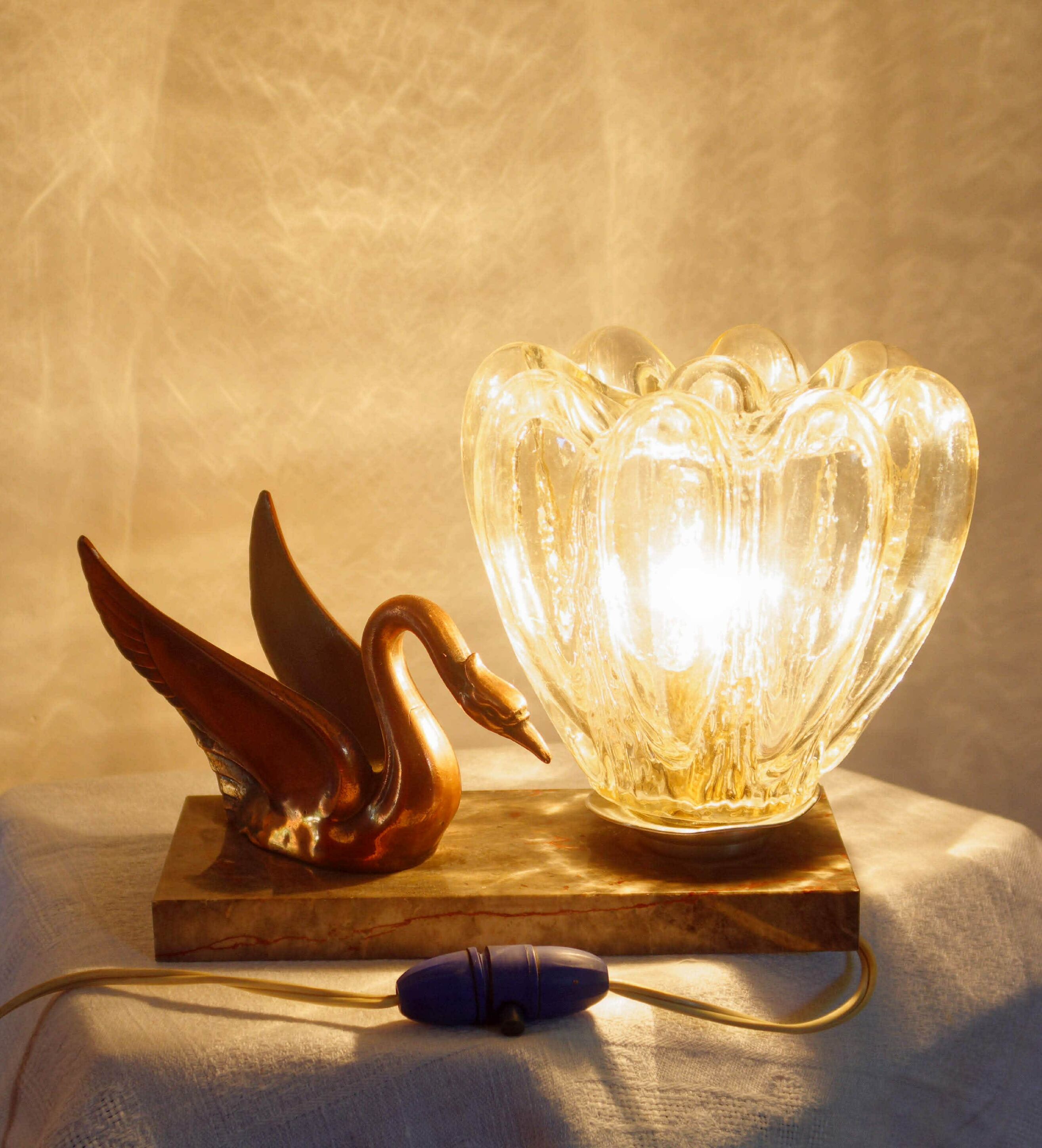 bedside lamp art deco marble, swan glass in regulated