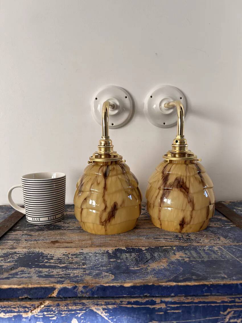 Pair of vintage pinecone chiseled glass wall sconces
