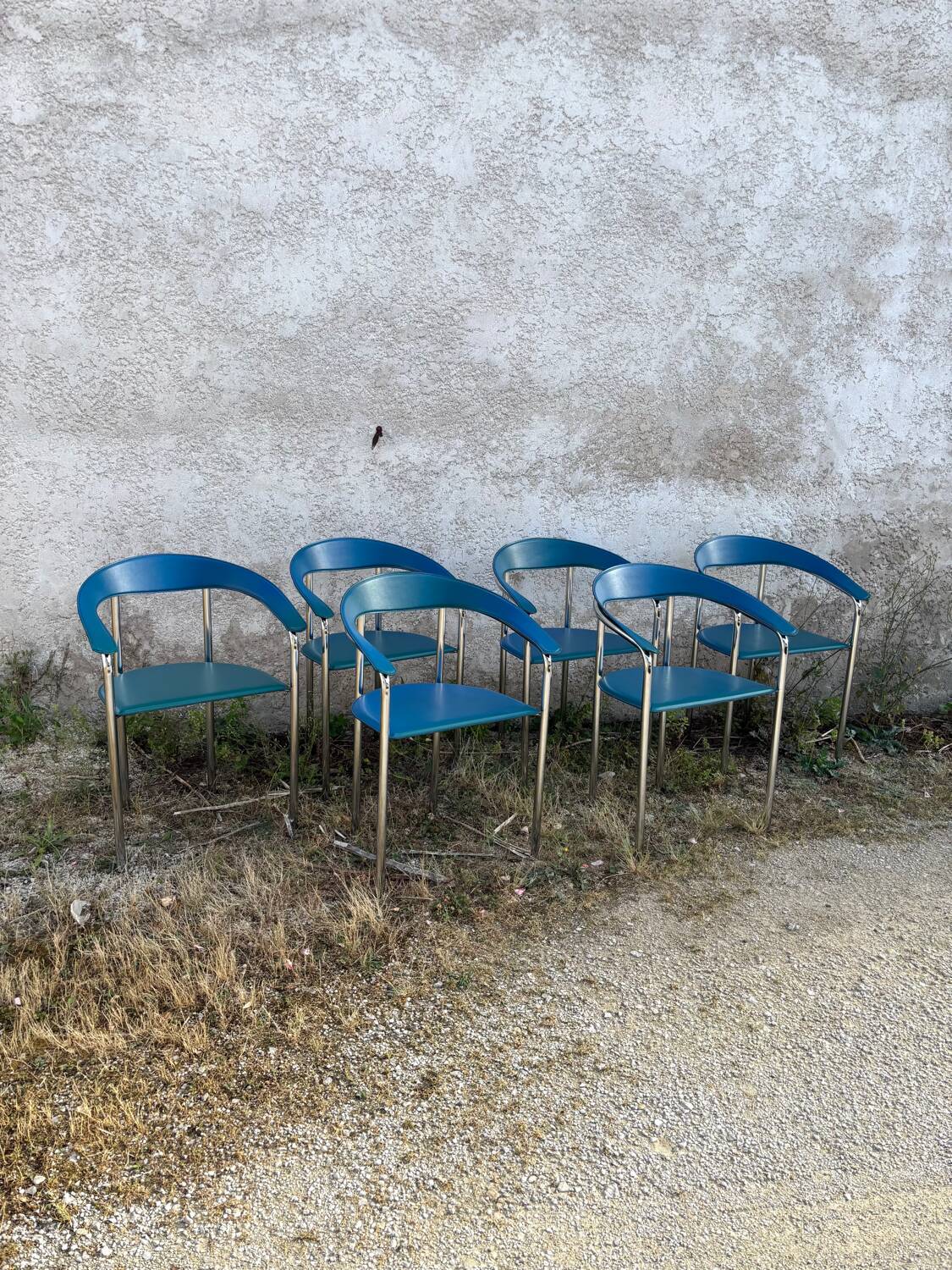 Set of 6 vintage Italian design chairs in leather and chrome metal.