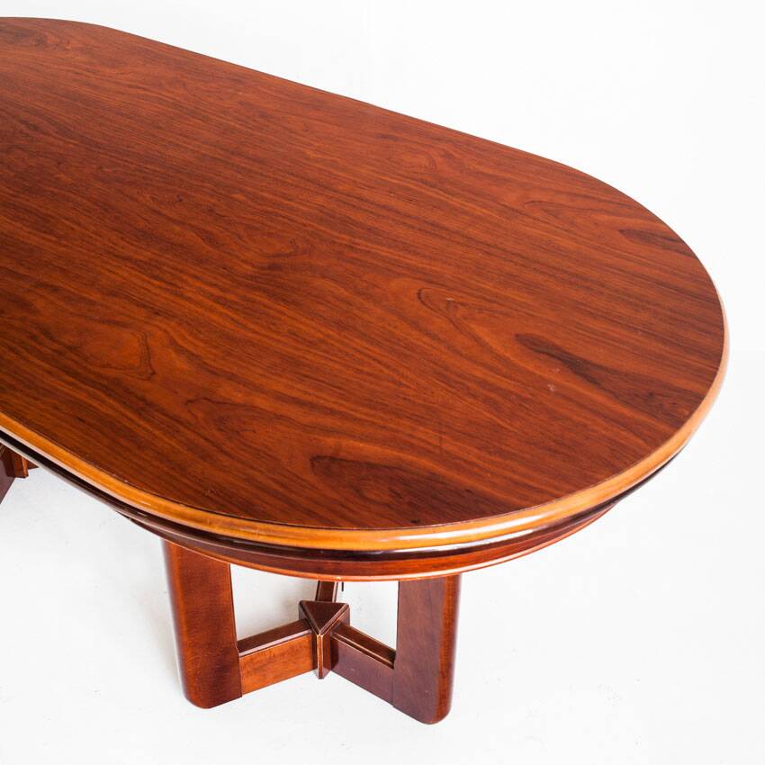 Vintage dining table with two extensions in varnished elm. Spain, 80s.