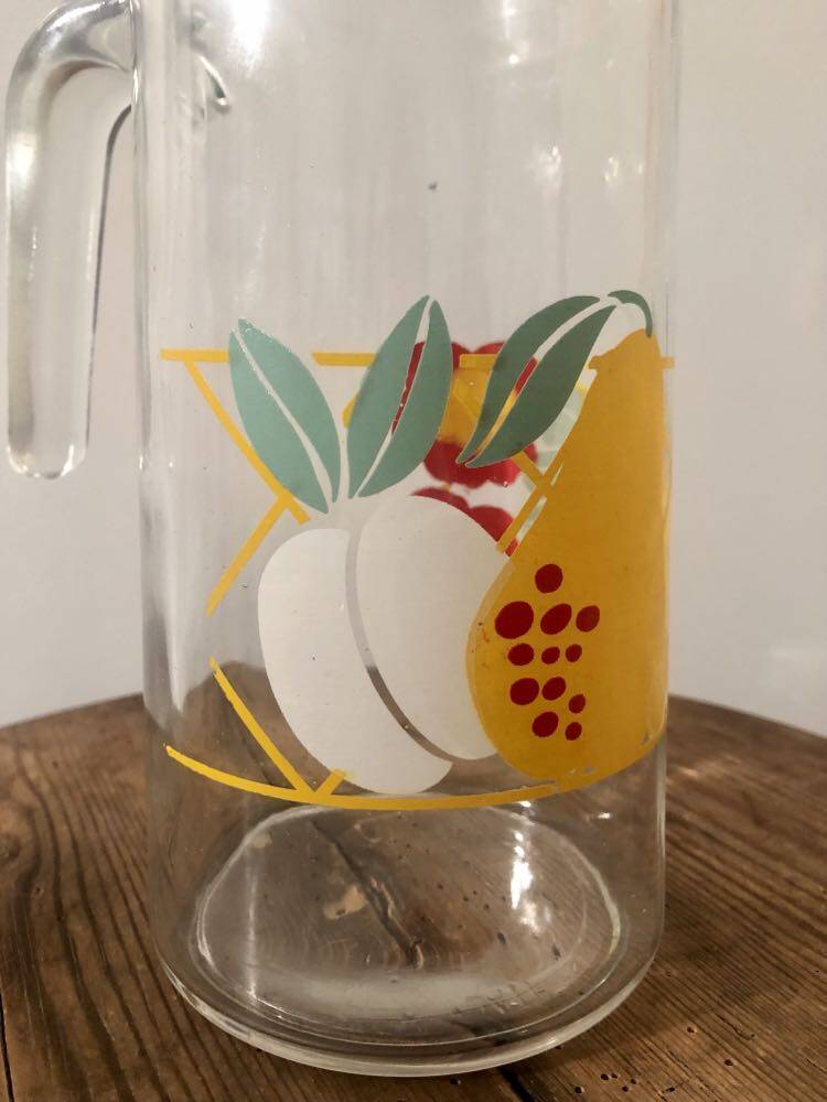 Pichet Vintage Borgonovo – Verre Transparent Imprimé Fruits Et Fleurs (années 70)