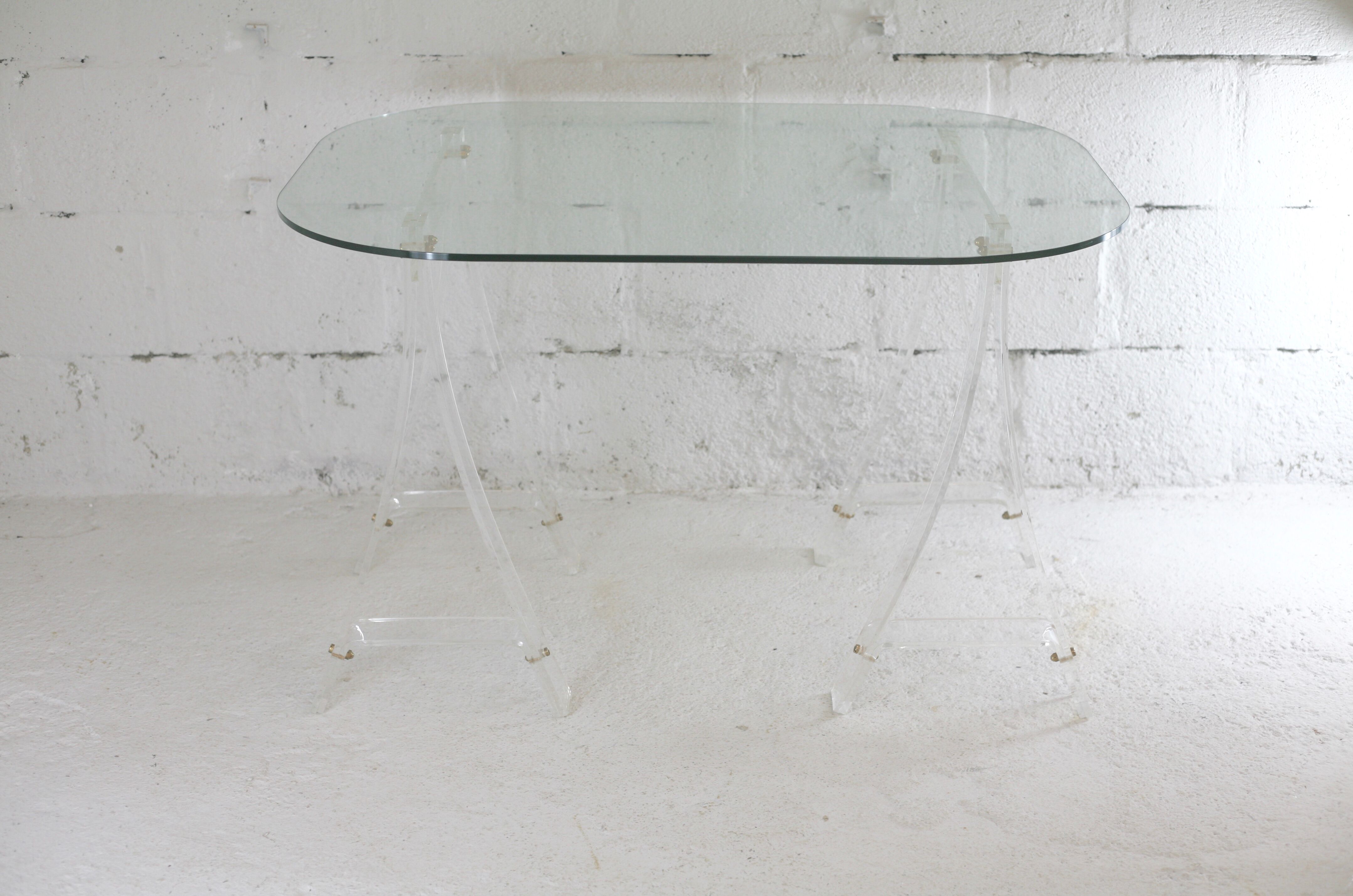 Office Plexiglas trestles, glass tray rounded edges, France, circa 1970
