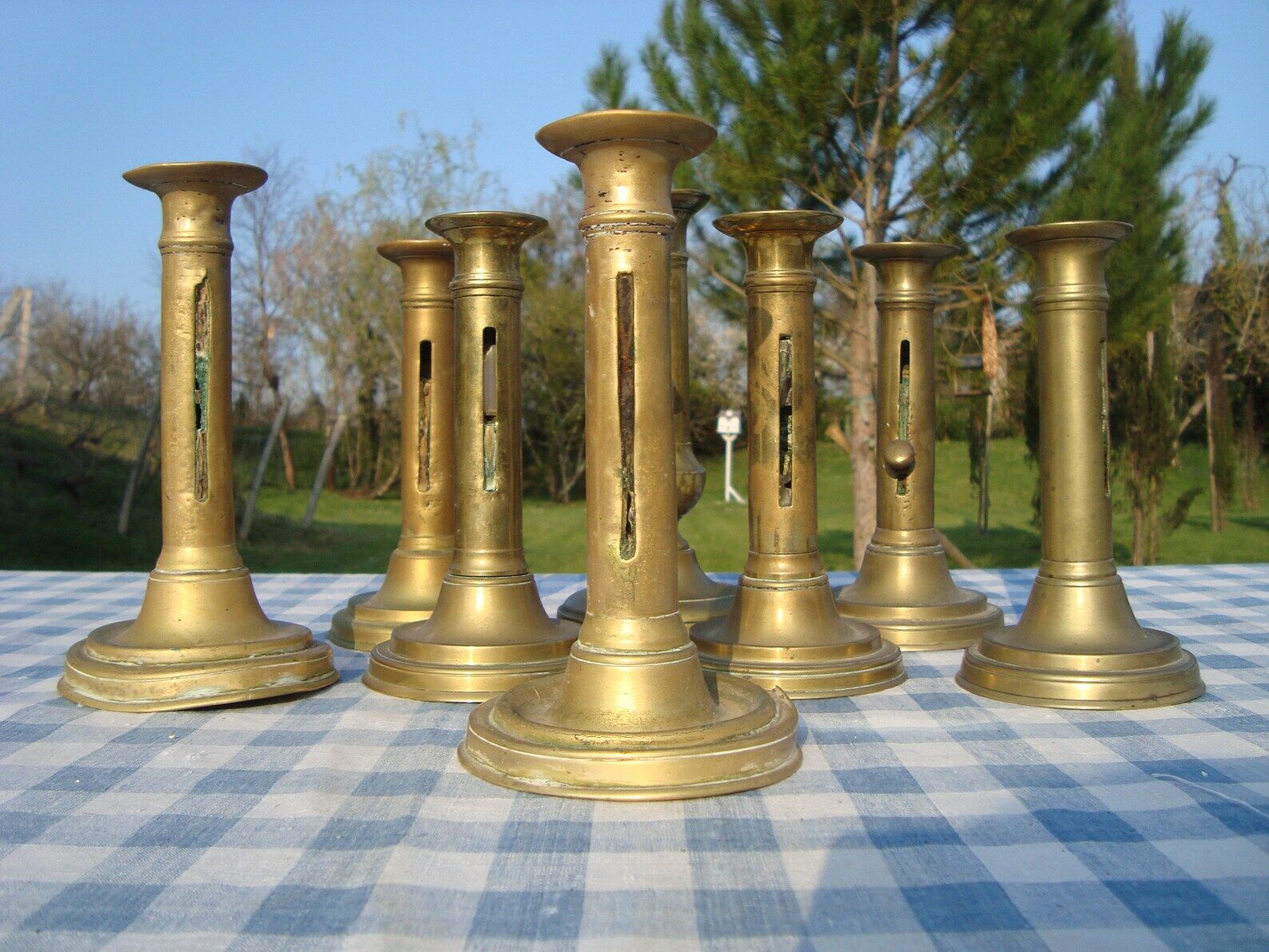 Set of 8 antique brass chandeliers