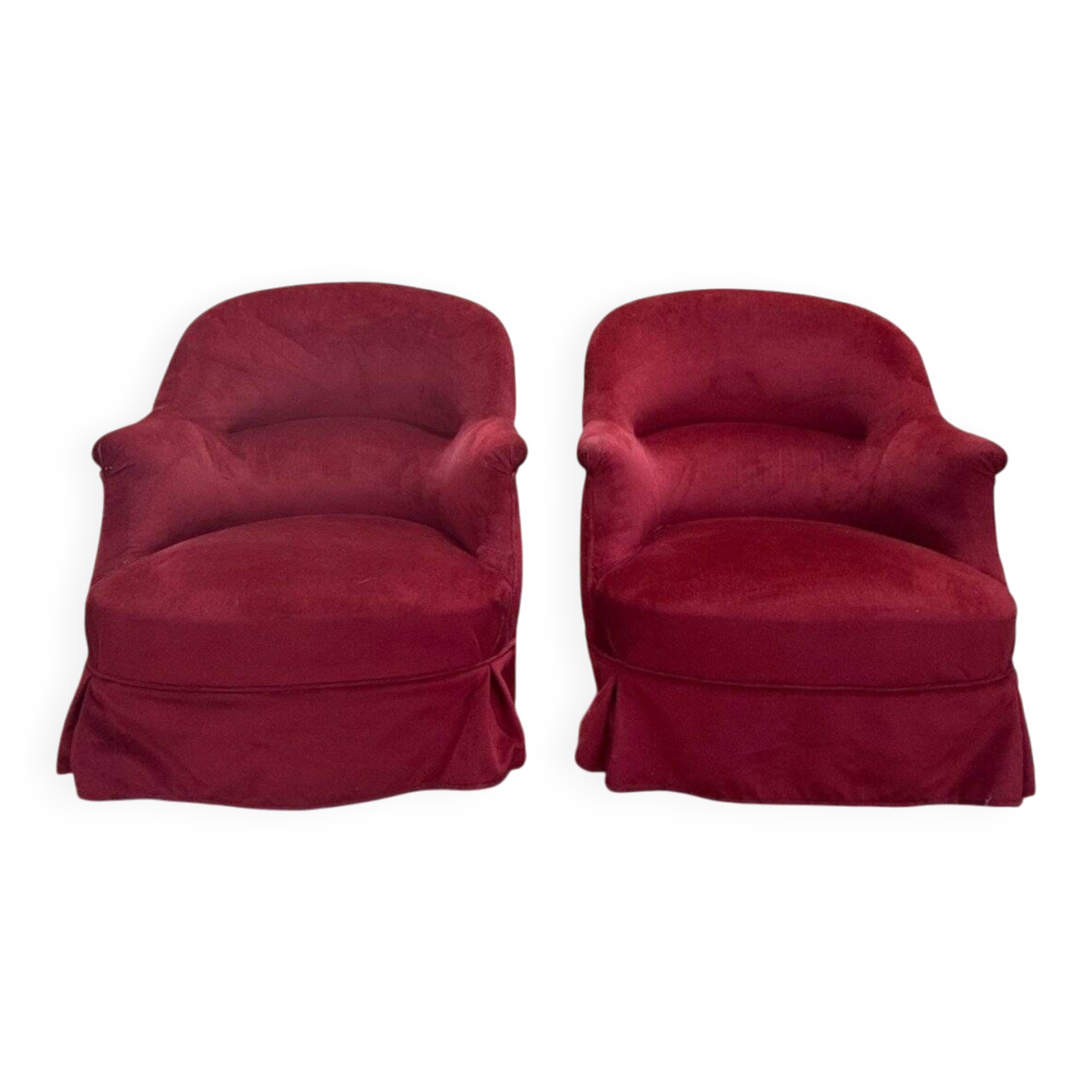 Paire de fauteuils crapauds en velours rouge bordeaux - Style Napoléon III