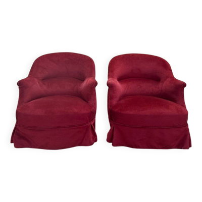 Paire de fauteuils crapauds en velours rouge bordeaux - Style Napoléon III