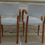 Fauteuils bridges chic année 50 en bois massif   blanc beige cousus main