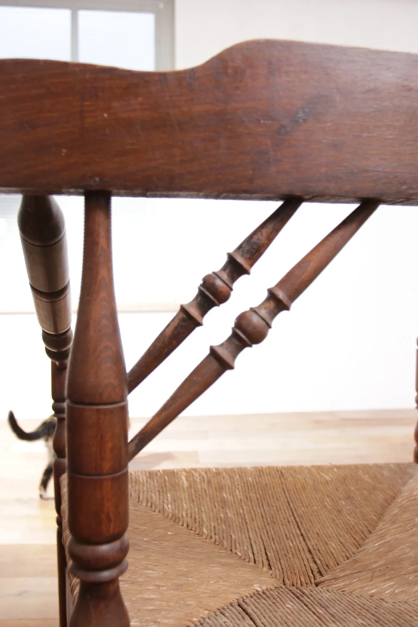 Rare antique Dutch oak armchair with rush seat