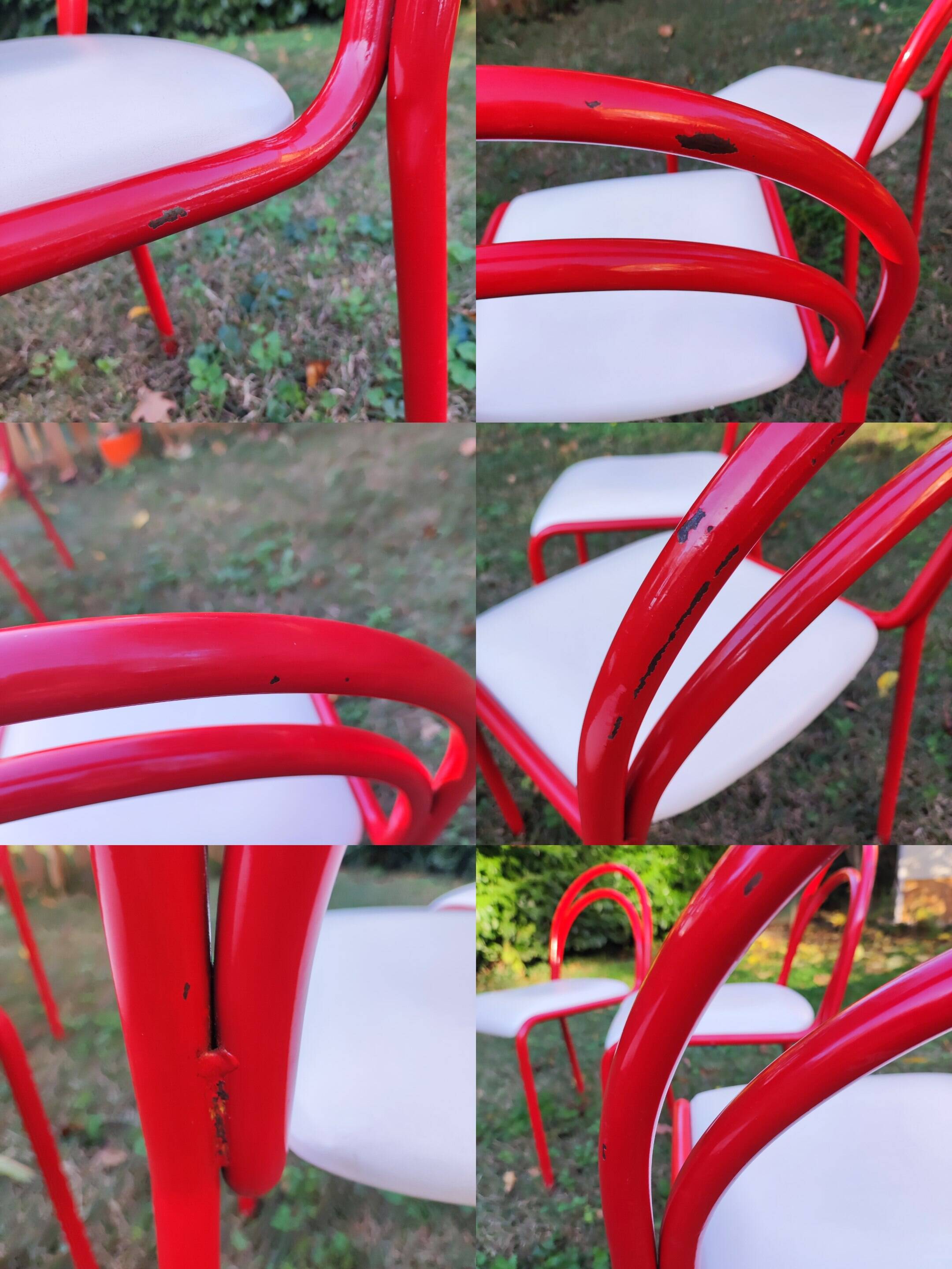 Stackable chairs, Italy, 1980s, red metal, white vinyl