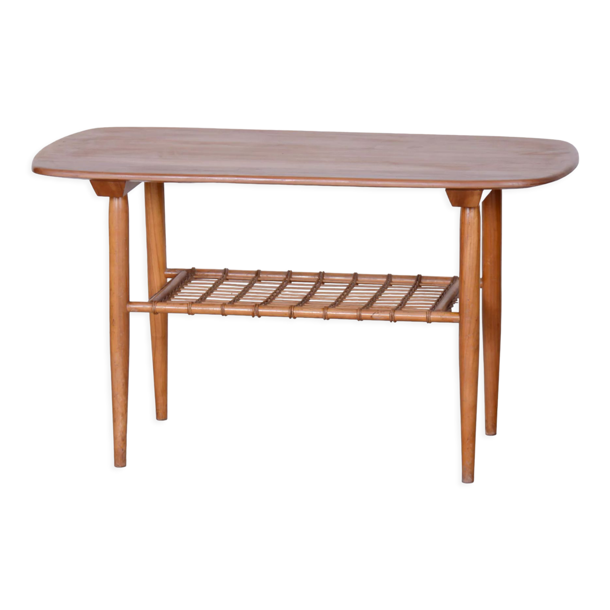 Restored Mid-Century Style Coffee Table, Cherry-Tree, Rattan, 1950s, Czechia