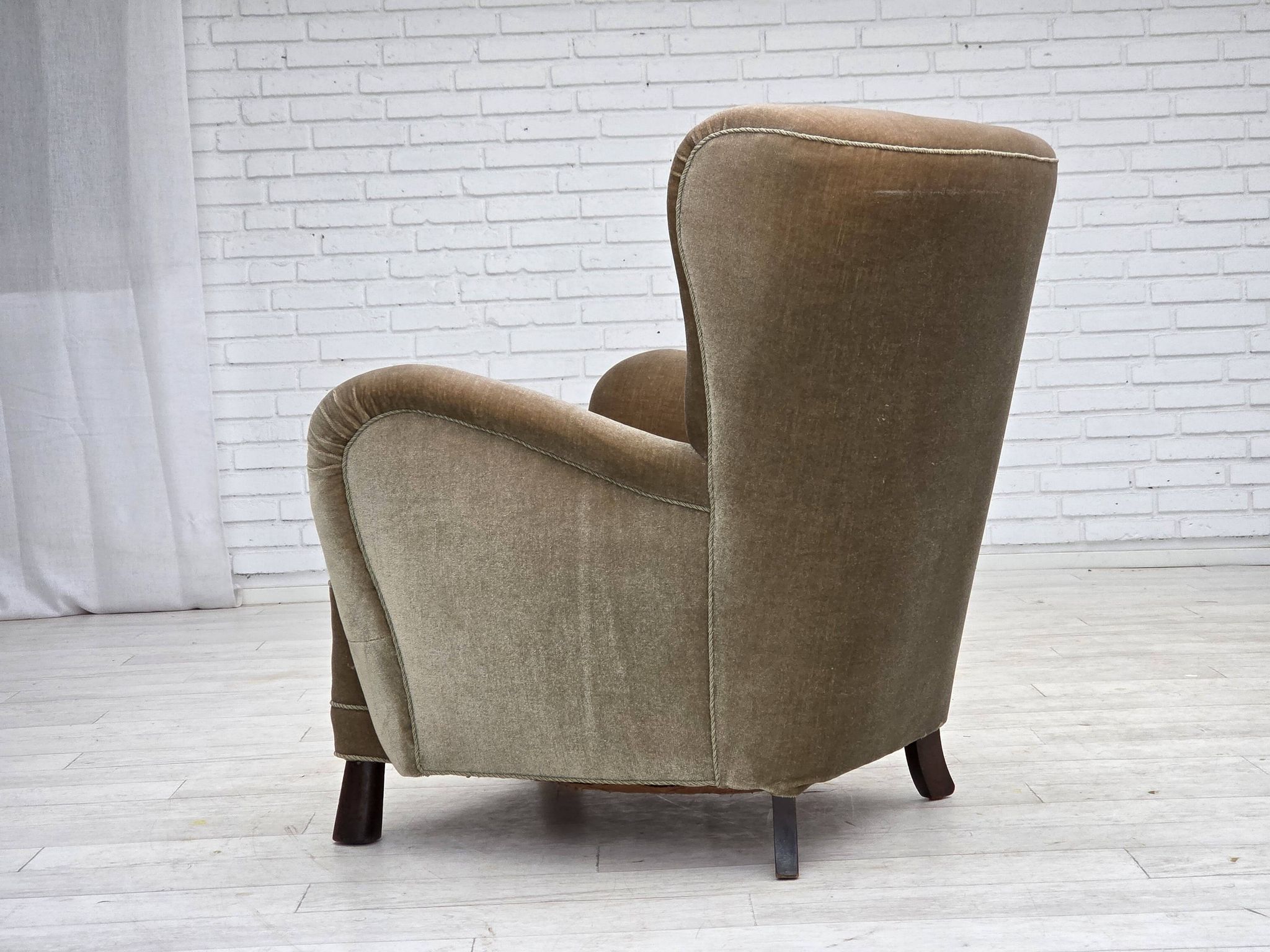 1960s, Danish armchair, green furniture velour, oak wood legs.